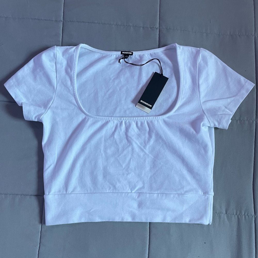 Monrow Basic Crop Tee | Square Neck Tee | White Crop Top | NWT